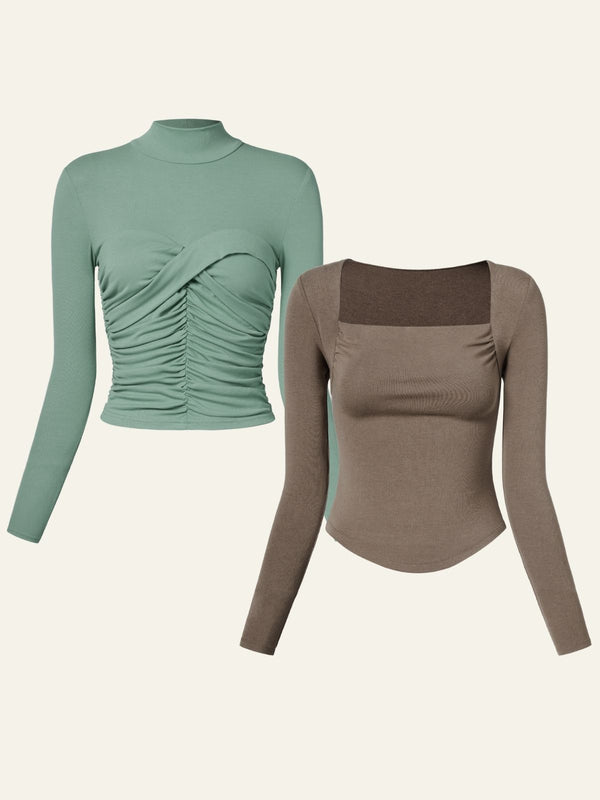Eco-SkinKiss® Sweetheart Twist Mock Neck Top & Eco-Mousse® Thermal Cowl Neck Top 2Pcs Set