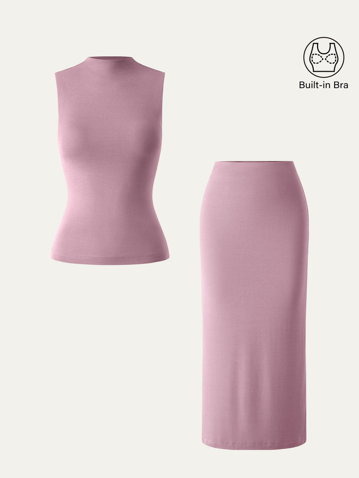 2Pcs Set Mockneck Brami Tank & Column Maxi Skirt Rose Mauve XS