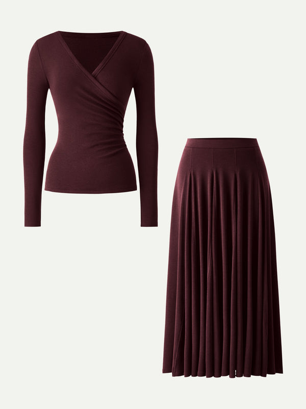 2Pcs Set Petite Godet Hem Pull-on Maxi Skirt & Surplice Ruched Long Sleeve