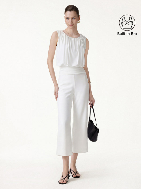 OGLmove 2Pcs Set Gathered Bra Top & Cropped Wide Leg Pants White XS