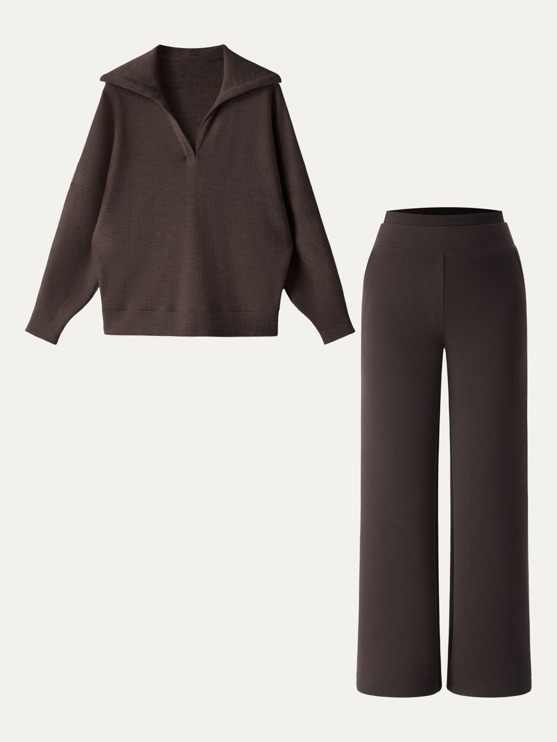 2Pcs Set Regular Double Waistband Straight Pants & V-Neck Batwing Sleeve Pullover Black Chocolate/Espresso XS