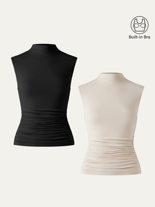 Mock Neck Ruched Sides Tank-Hip Length 2Pcs Set