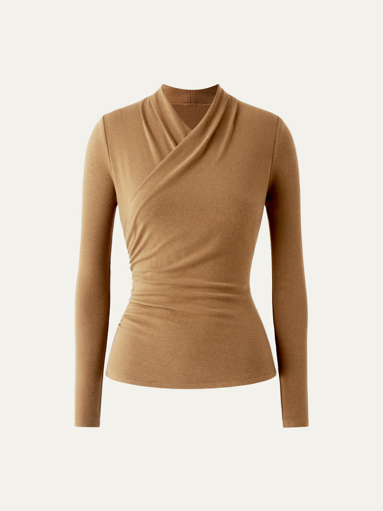 Lyocell Wool Surplice Ruched Long Sleeve Top