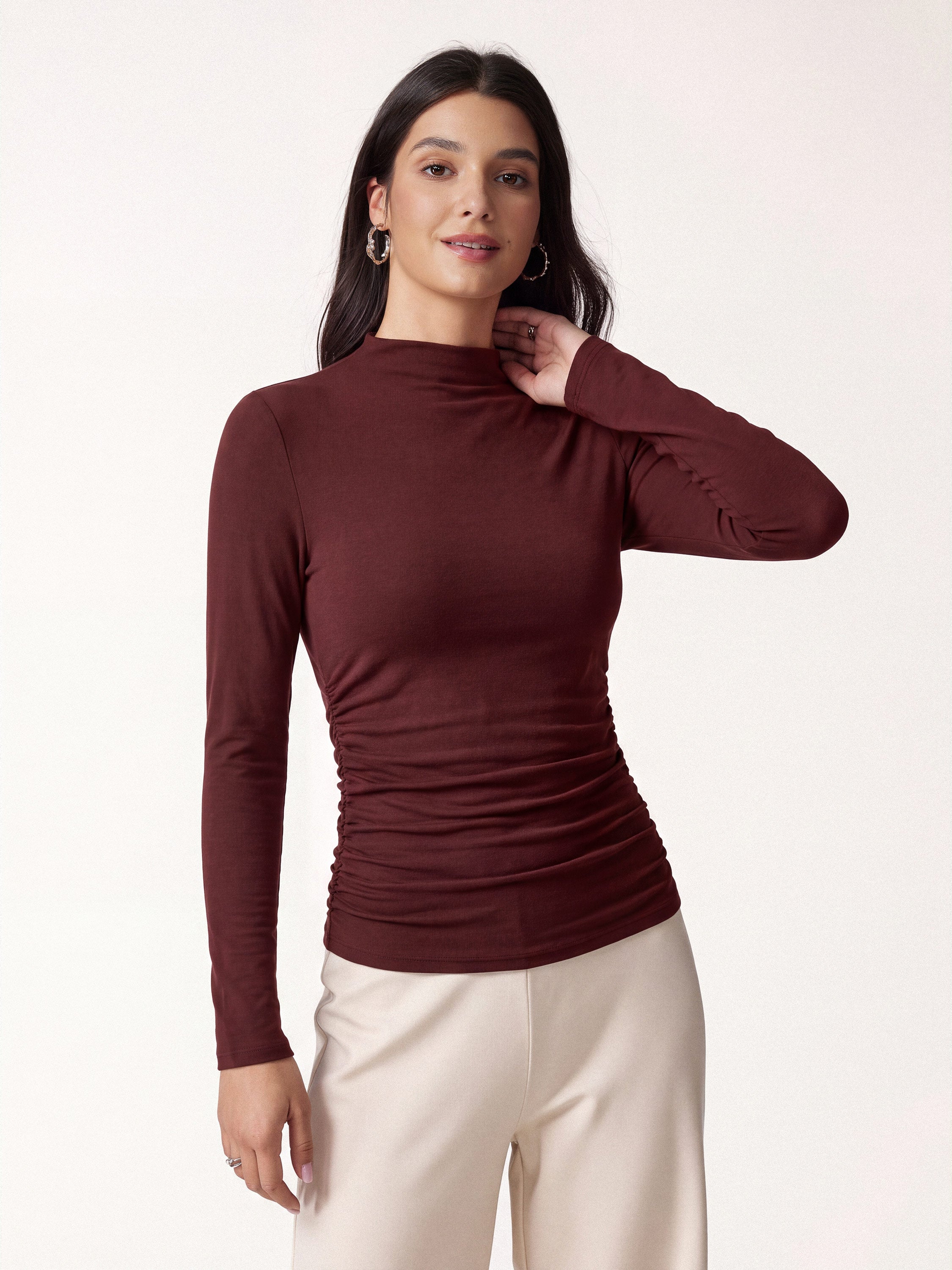 Ogl Eco-Mousse® Thermal Ruched Sides Tuckable Mockneck Top – OGLmove