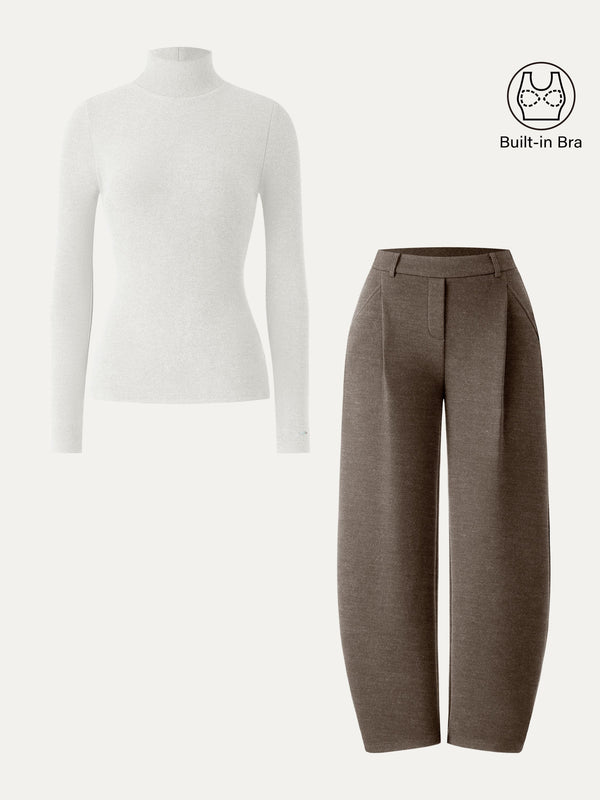 2Pcs Set MaxWarm Turtleneck Brami & Petite Mid Rise Barrel Leg Pull-on Pants White/Heather Milk Chocolate XS