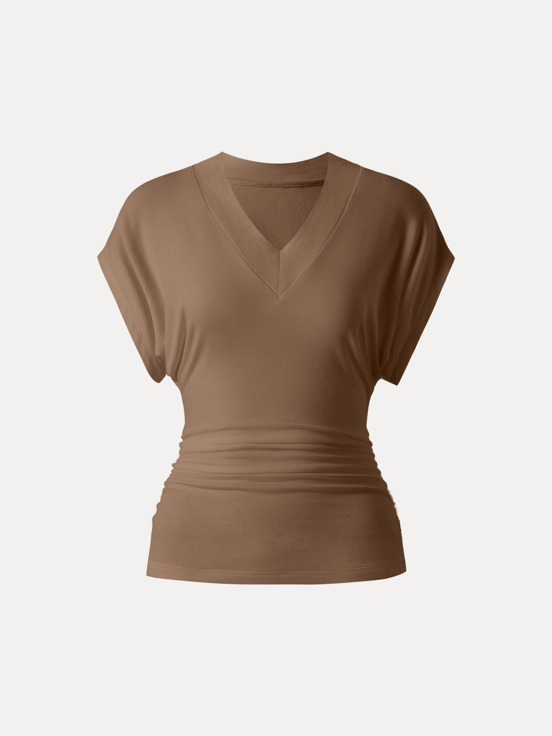 Semi-sheer Lyocell Cashmere Blend V-neck Short Sleeve Side Ruched Tee Ash Brown XS