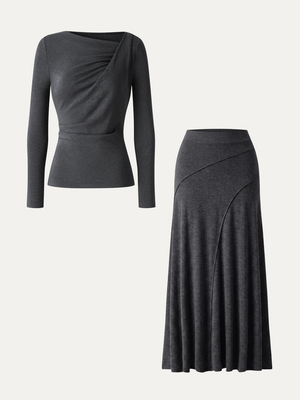 OGLmove 2Pcs Set Asymmetrical Neck Long Sleeve Top & Drapey A-Line Midi Skirt