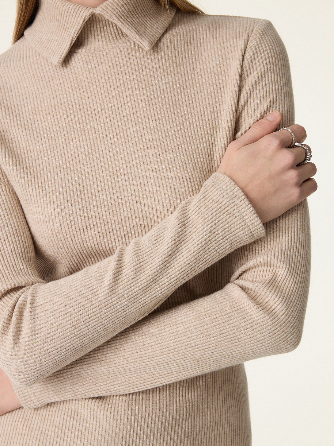 Ribbed Stand Collar Long Sleeve Top