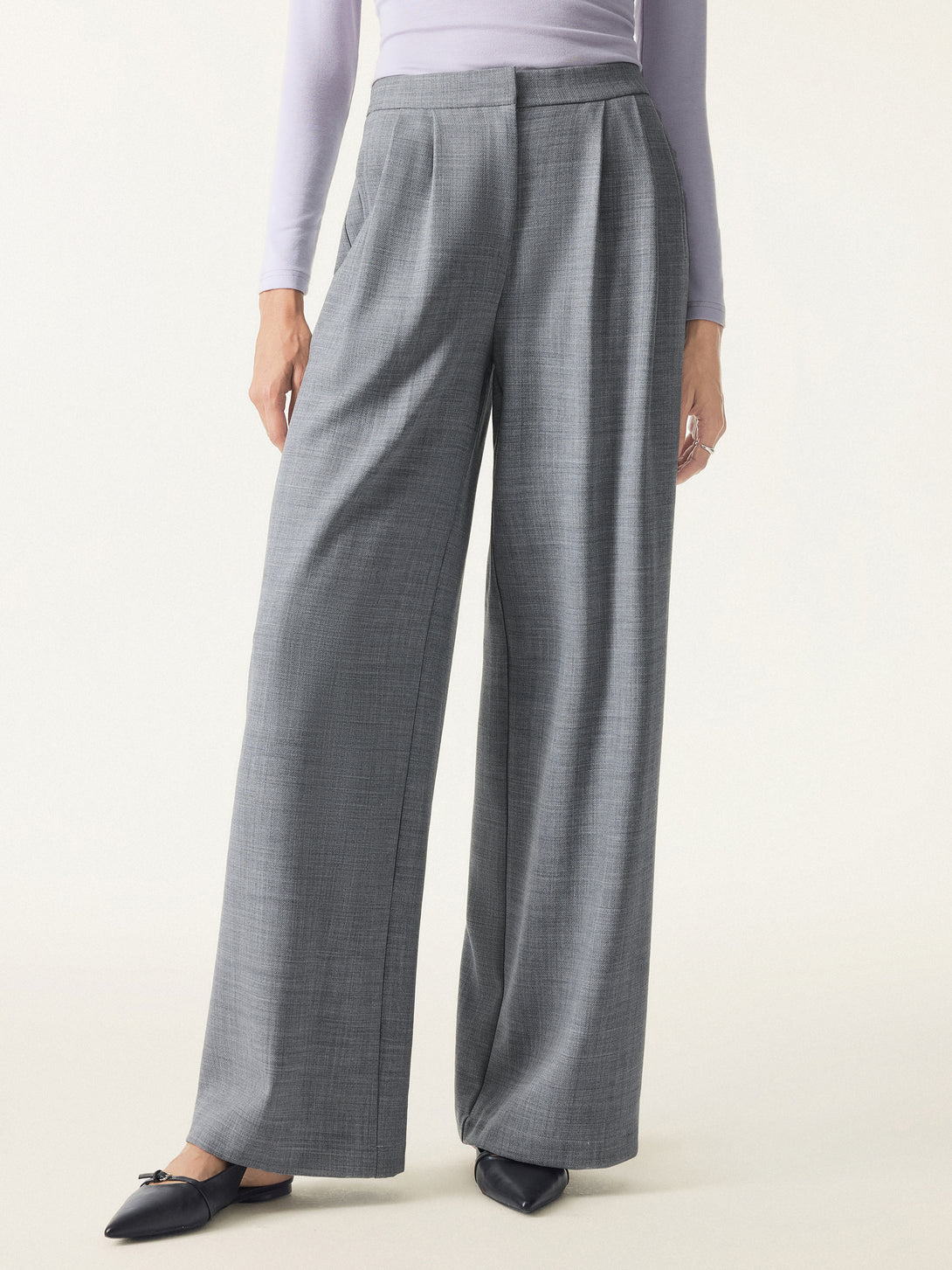 4-way Stretch Wool Mid Rise Pleated Wide Leg Trousers with Pockets
