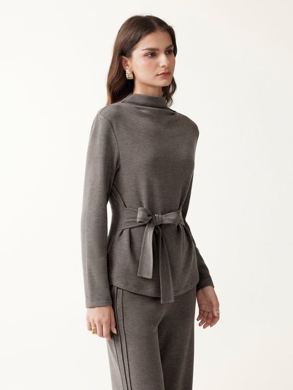 OGLmove MaxWarm Mock Neck Shoulder-Tuck Belted Tunic Top Heather Brown Grey XXS