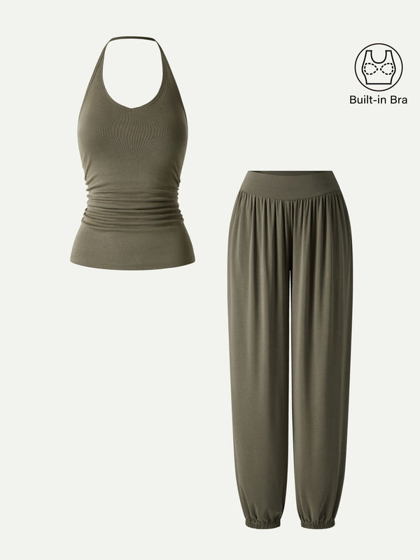 OGLmove 2Pcs Set Open Back Bra Top & Balloon Pants with Pockets