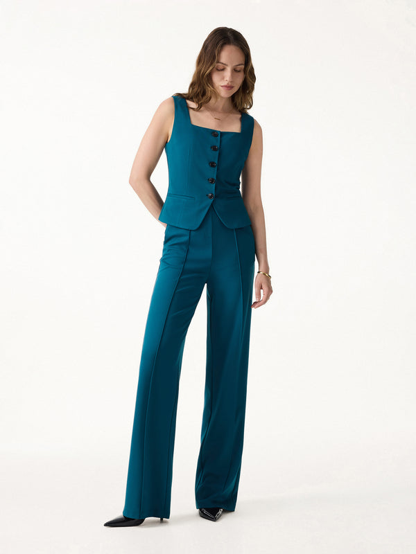 OGLmove 2Pcs Set Square Neck Waistcoat with Pockets & Wide Leg Ankled Pant