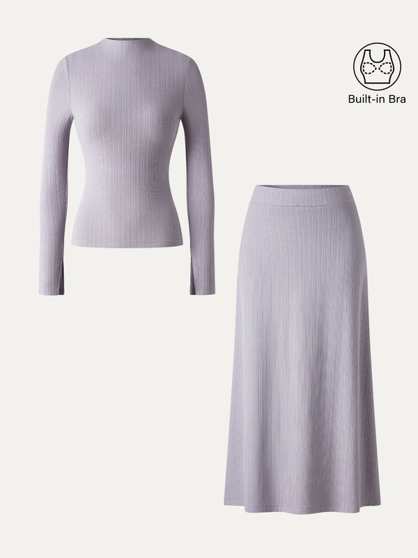 OGLmove 2Pcs Set Prowarm Mock Neck Long Sleeve Cuff-Slit Bra Top & Mid-Rise A-Line Midi Skirt