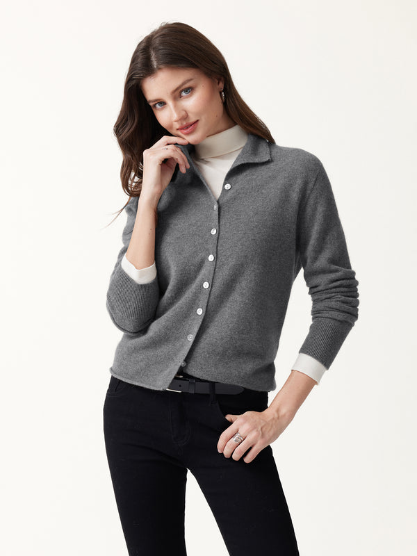 OGLmove Merino Wool Cashmere Blend Round Neck Long Sleeve Sweater Cardigan Heather Charcoal Grey XXS