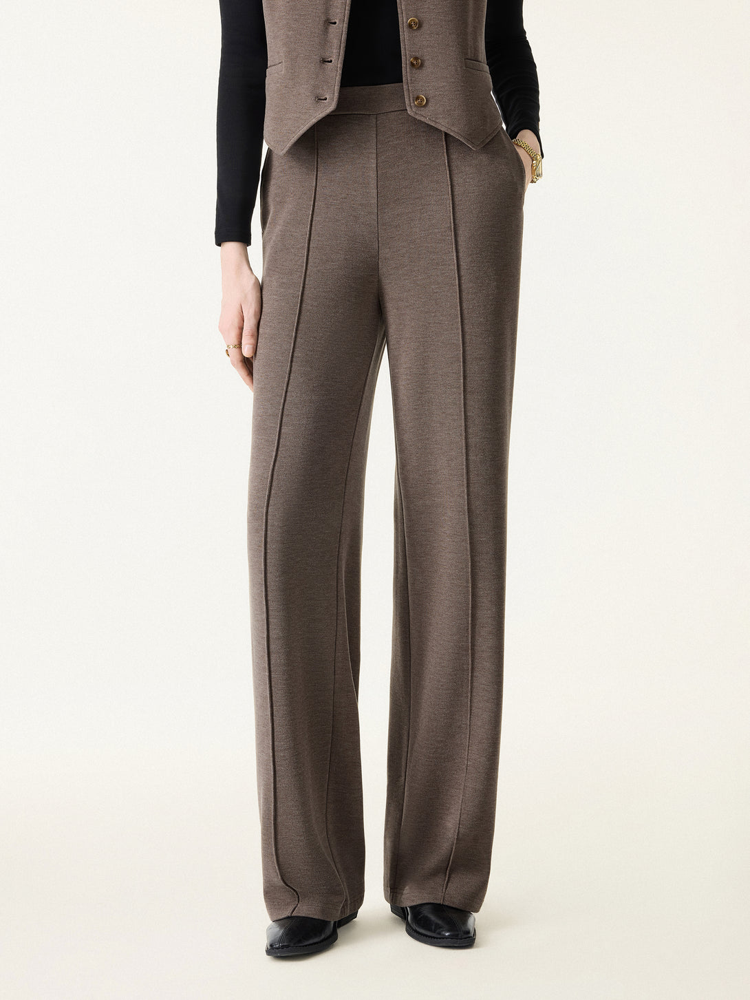 2Pcs Set Brushed Warm V-neck Vest & Regular High Rise Pintuck Straight Pull-on Pants