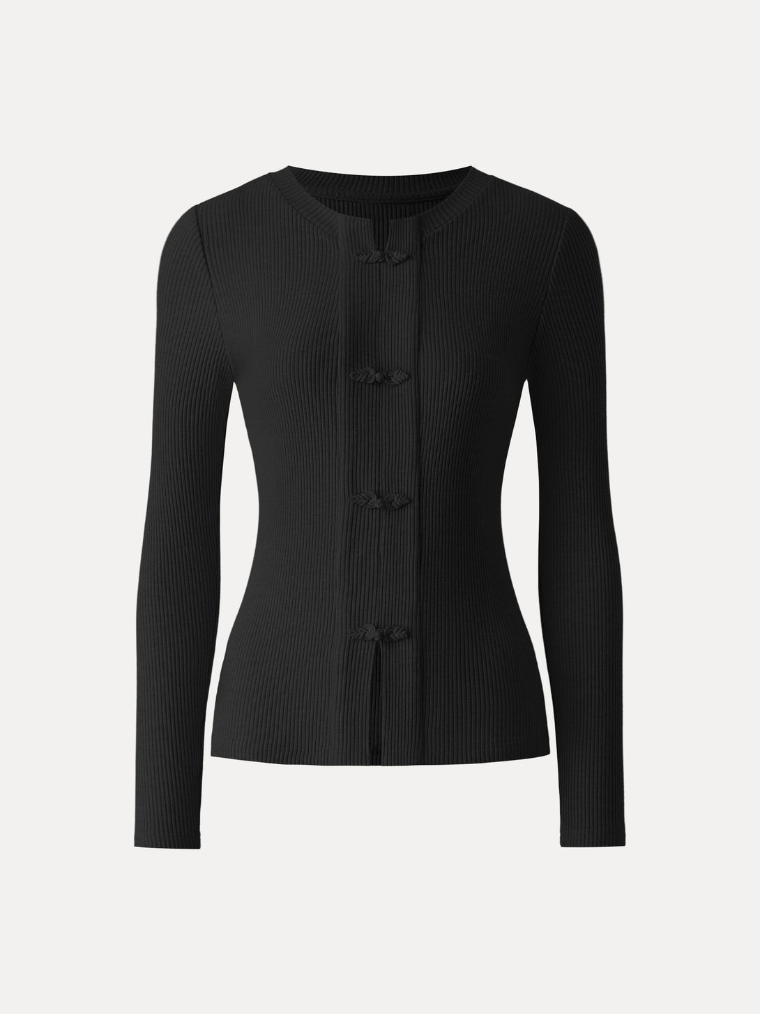 Ribbed Frog Button Round Neck Long Sleeve Top Black XS