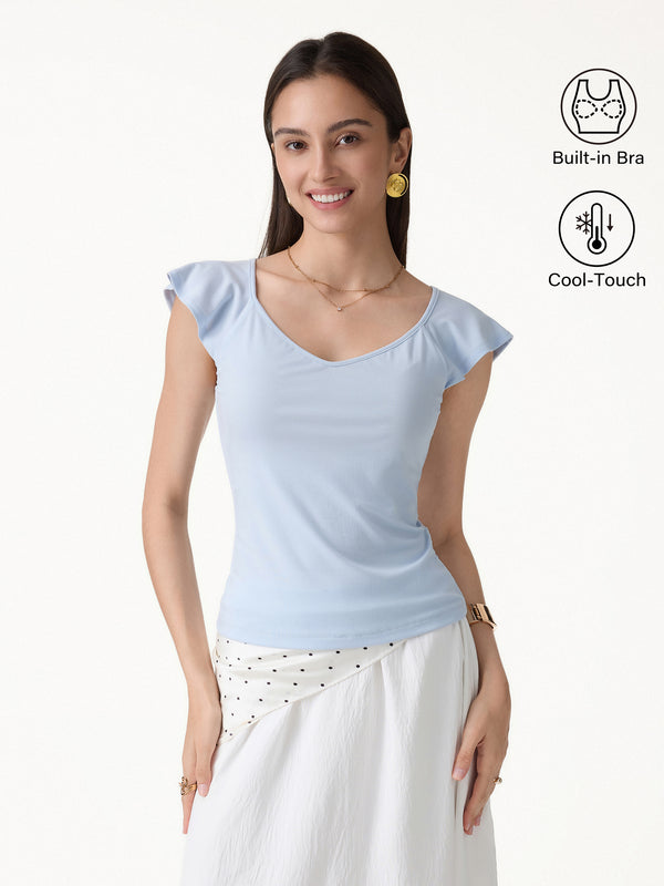 OGLmove Matte Smooth Diamond Neck Flutter Sleeve Bra Top Dew Sky Blue XS