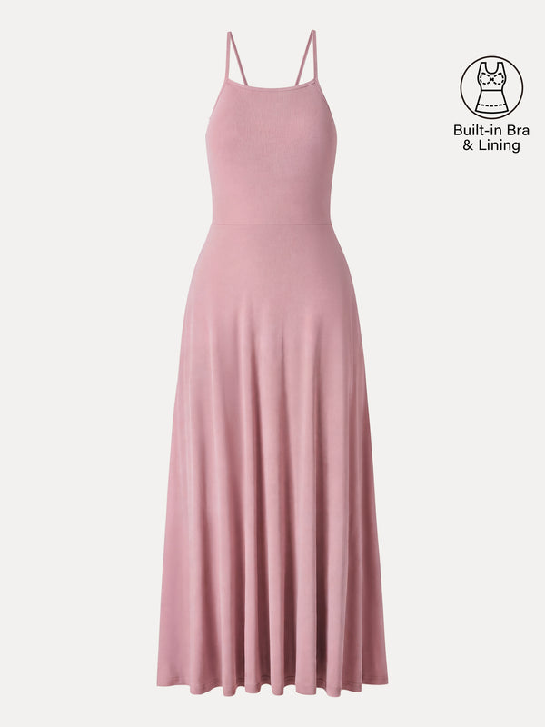 OGLmove Soft Linen Knit Spaghetti Midi Bra Dress Pink Pearl XS