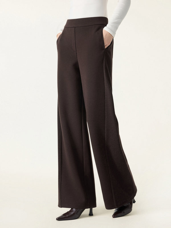 Ribbed Panel Mid Rise Wide Leg Pants with Pockets Regular Espresso