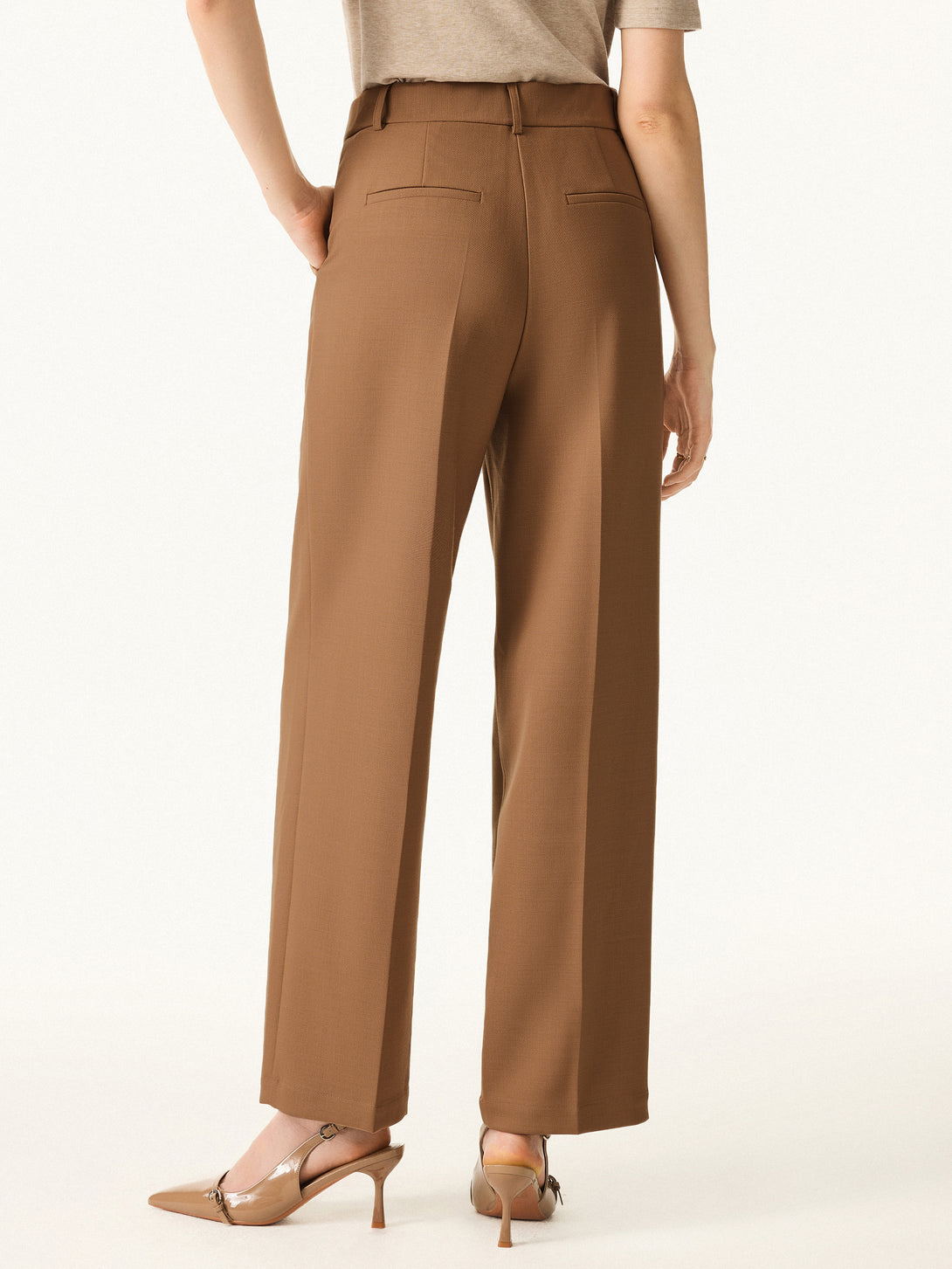 Stretch Wool High Rise Straight Leg Trousers with Pockets