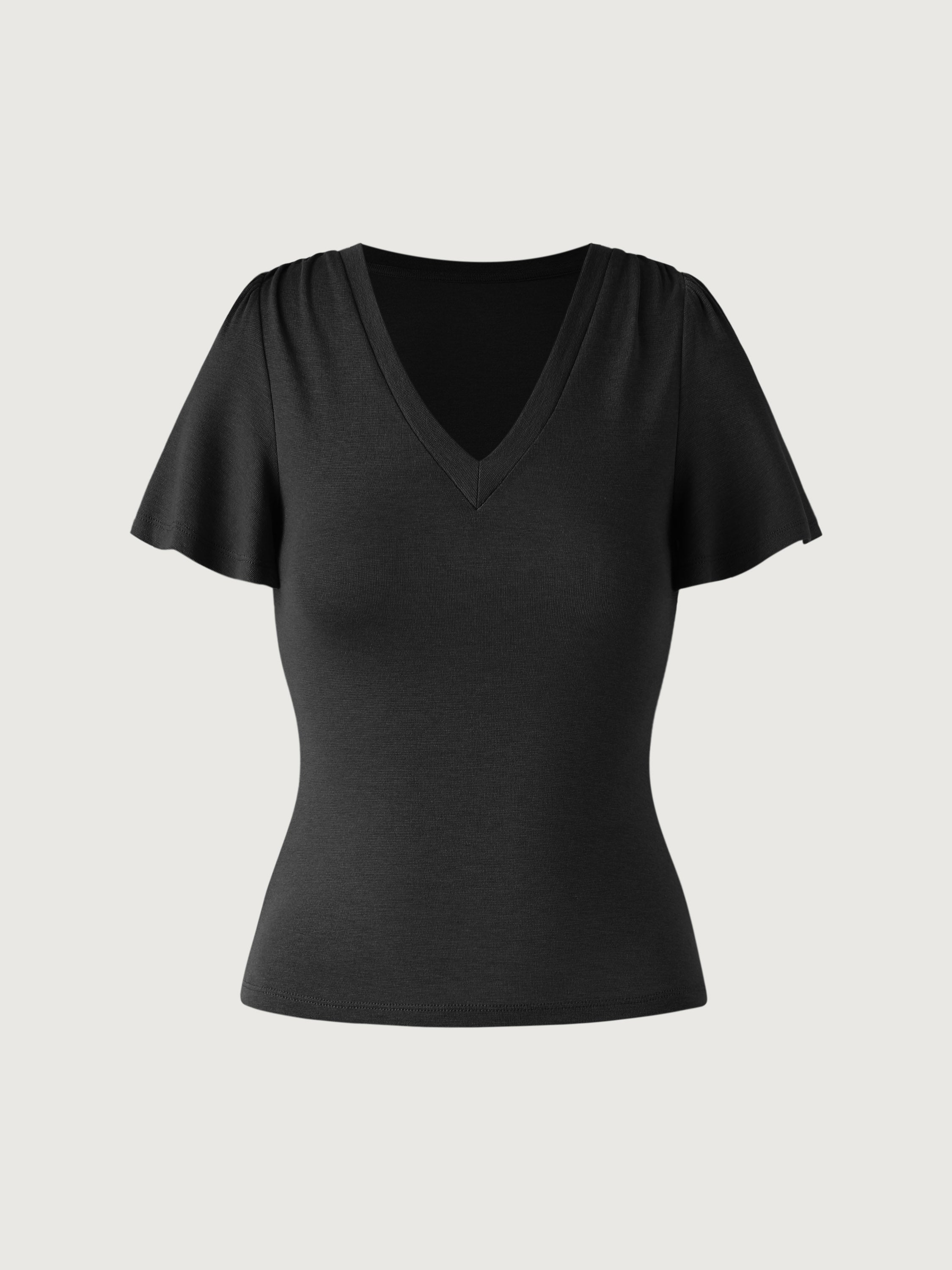 Tencel Wool V-Neck Ruffle Sleeve Tee - Black