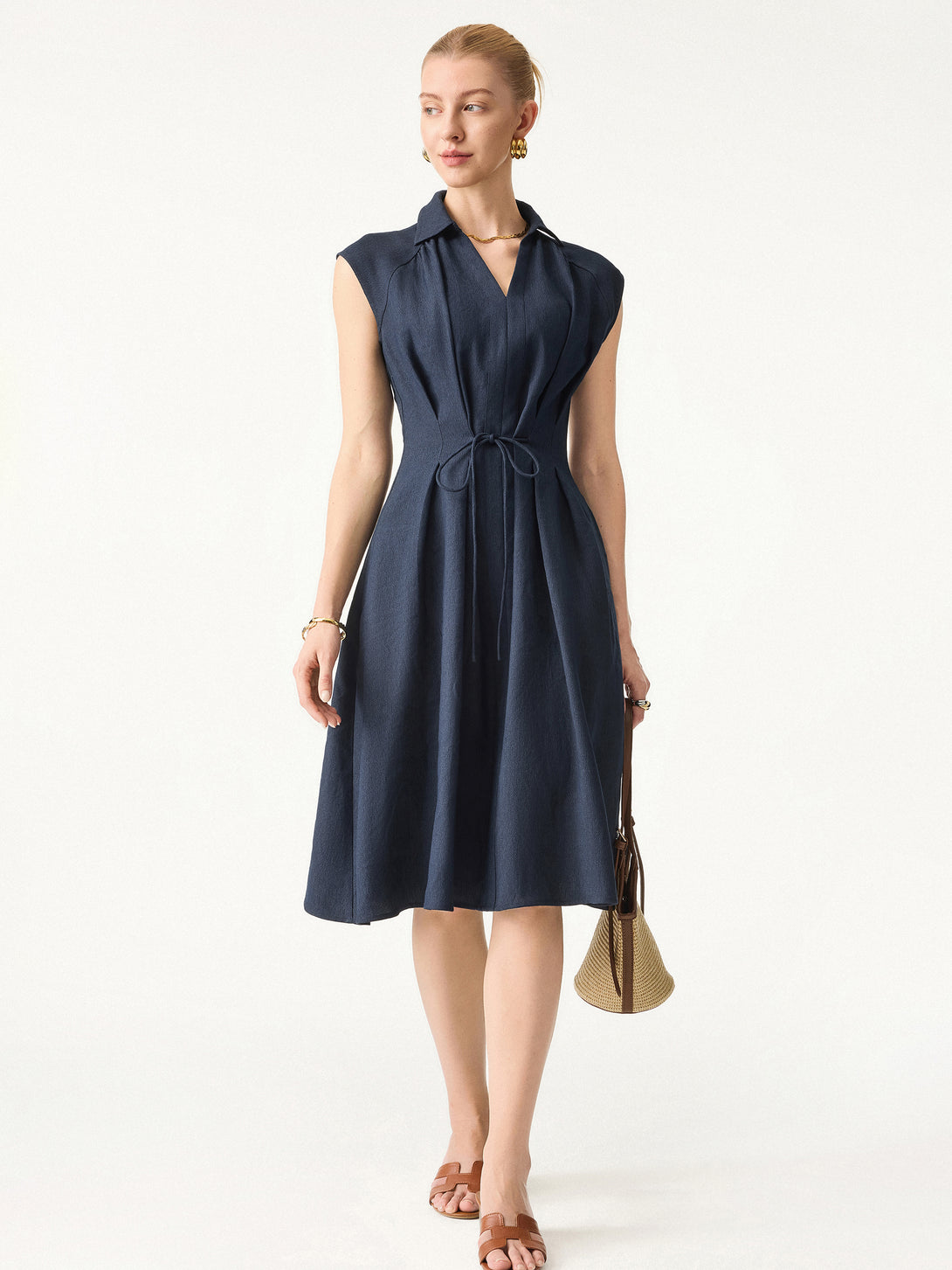 Viscose-Linen Collared V-neck Midi Dress with Drawstring