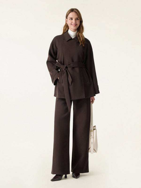 2Pcs Set Convertible Collar Belted Coat & Panel Wide Leg Pants with Pockets Espresso XS