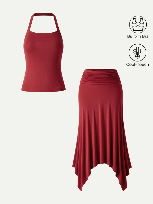 OGLmove 2Pcs Set Sleek Halter Bra Top & Handkerchief Hem Ankled Skirt