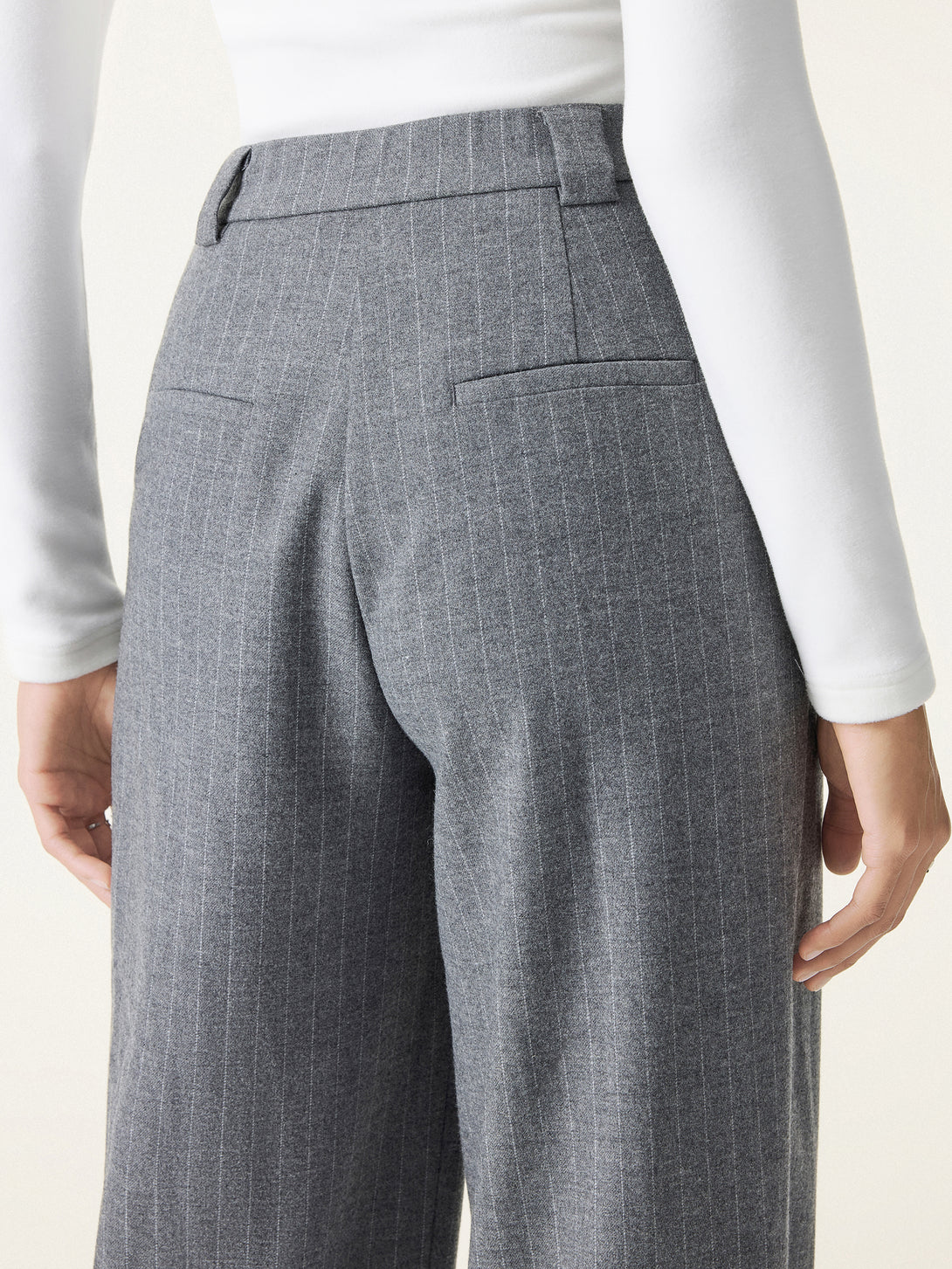 Stretch Striped Mid Rise Wide Leg Trousers with Pockets