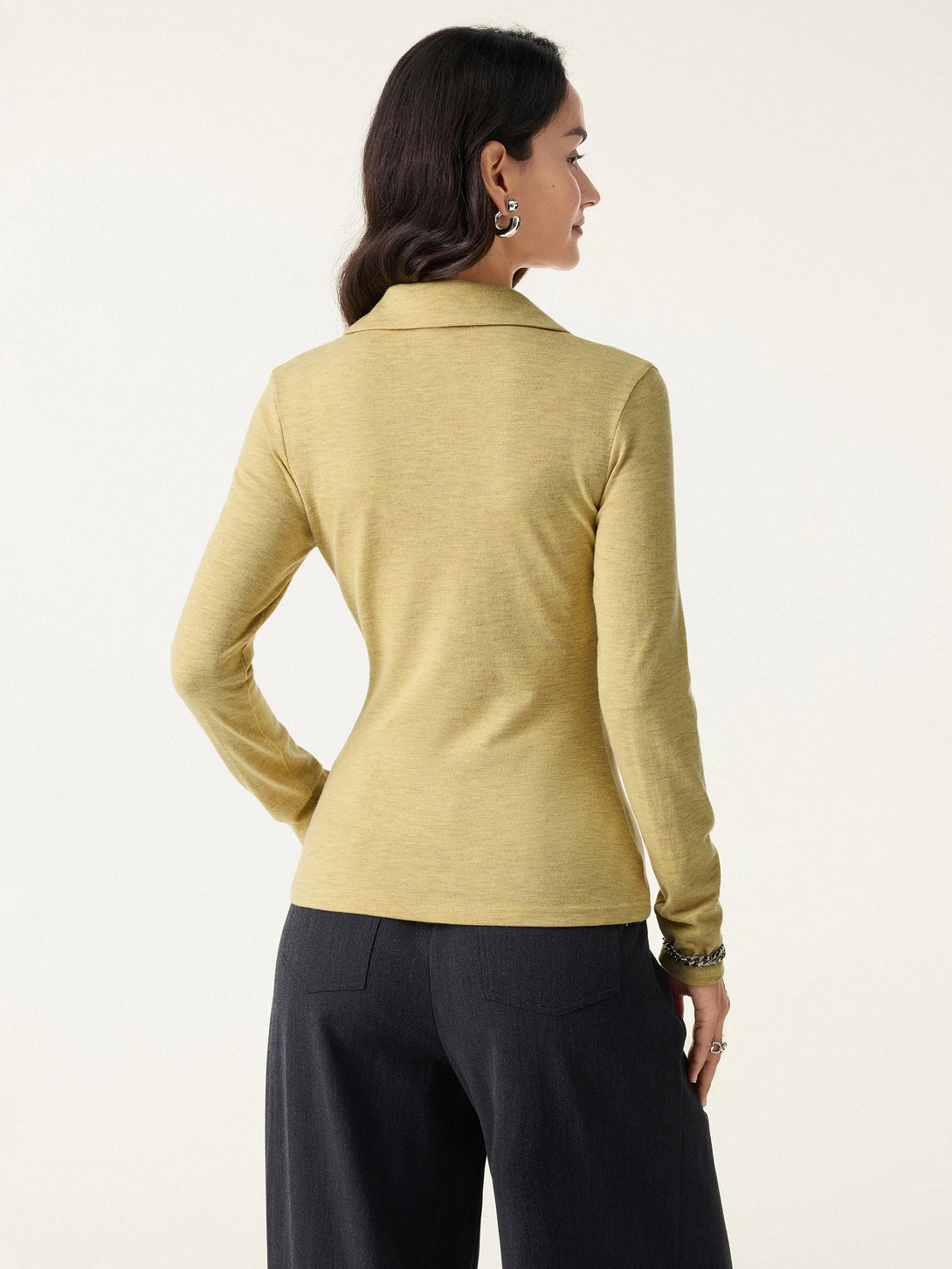 Heathered Wool Blend Polo Neck Long Sleeve Top