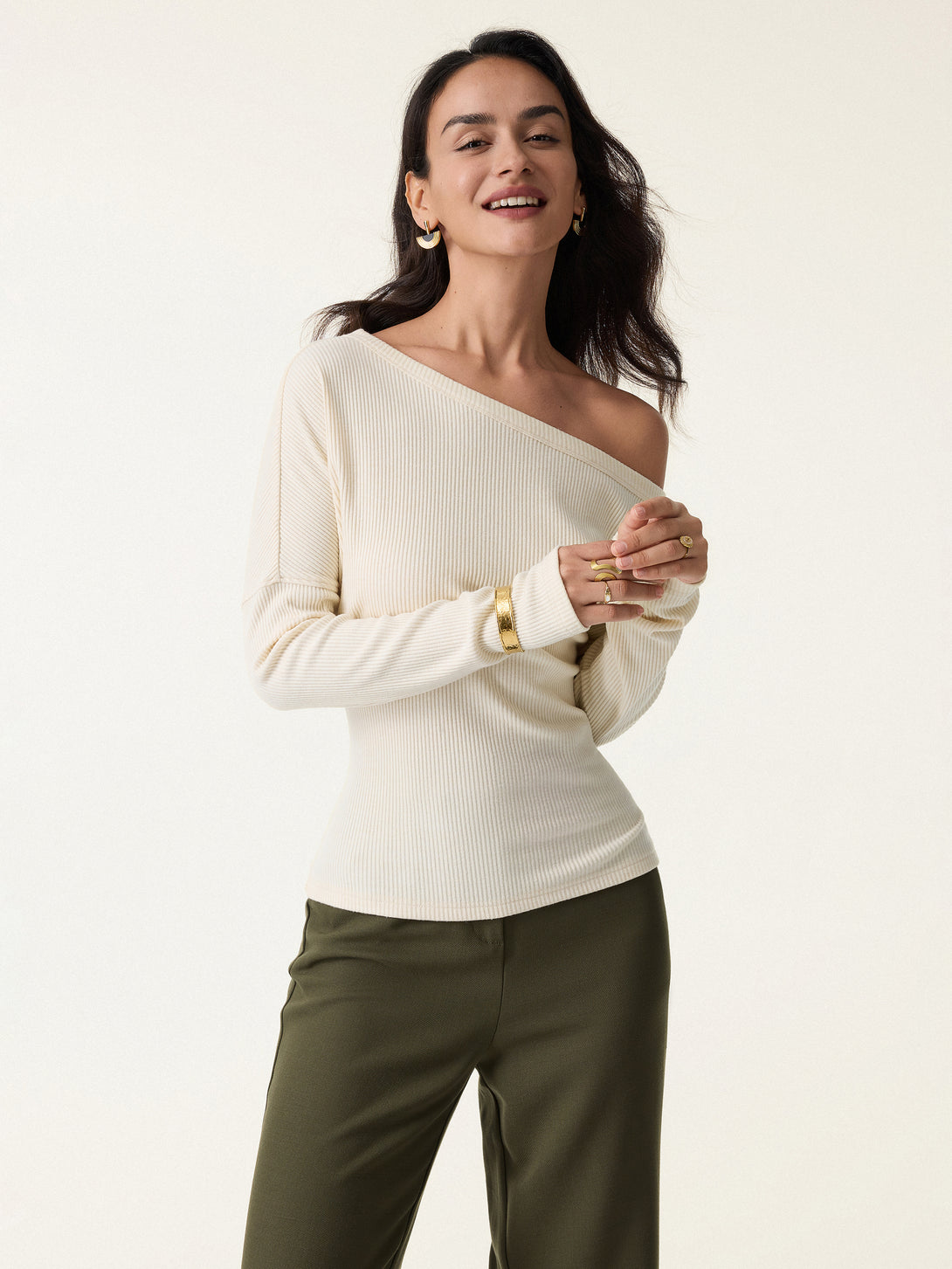 Ribbed Asymmetrical Neckline Long Sleeve Top