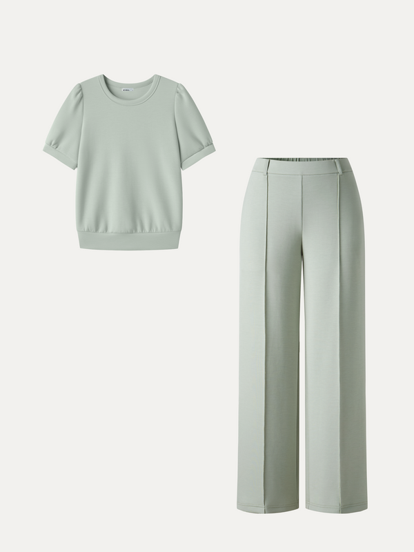 OGLmove 2Pcs Set Round Neck Puffed Short Sleeve Top & Cropped Straight-Leg Pants with Pockets