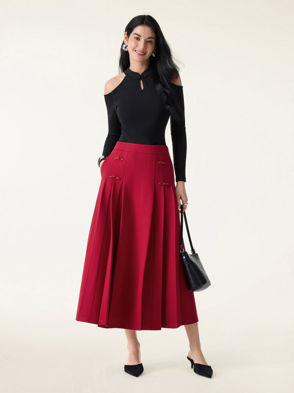 Pleated Frog Button Decor Midi A-line Skirt