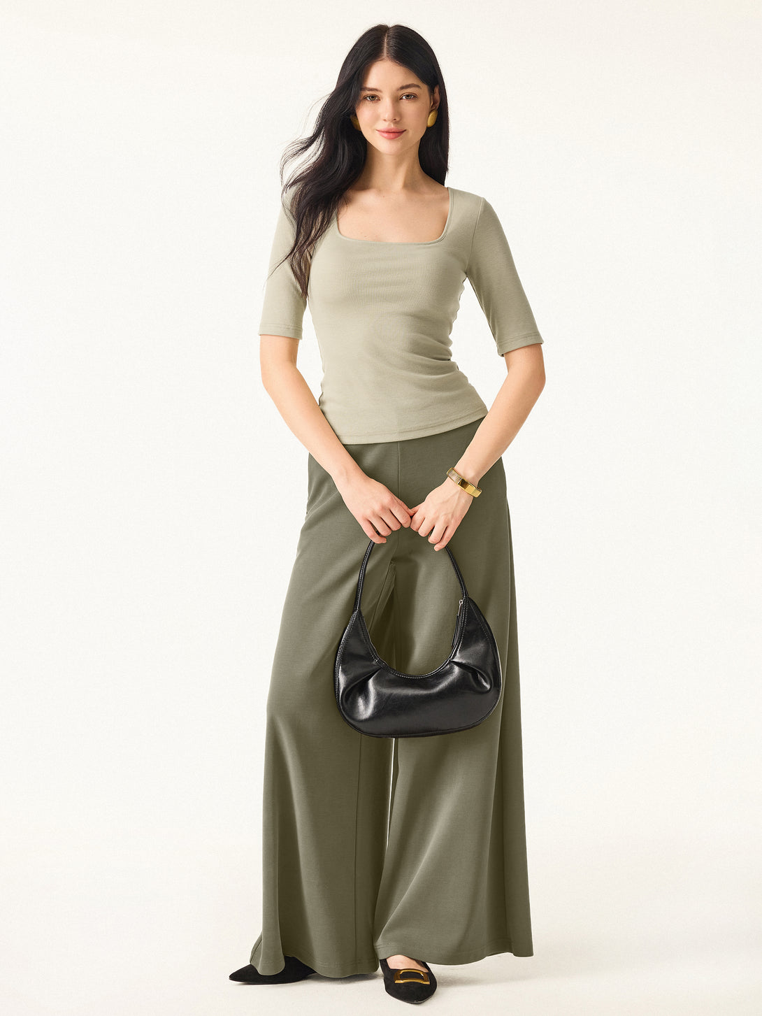 2Pcs Set Stretch Cotton Square Neck Elbow Length Sleeve Brami