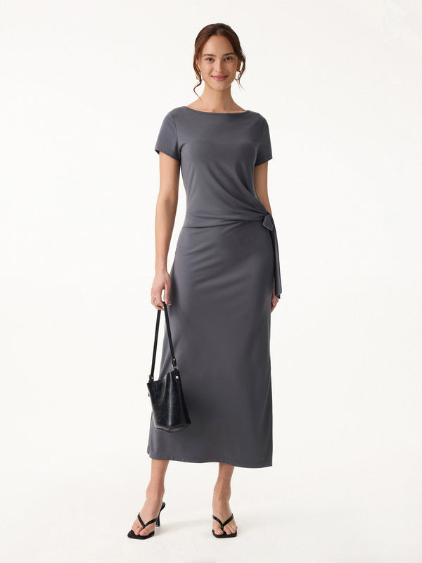 OGLmove Cooling Wrinkle-Resistant Side Waist Tie Midi Dress with Slit