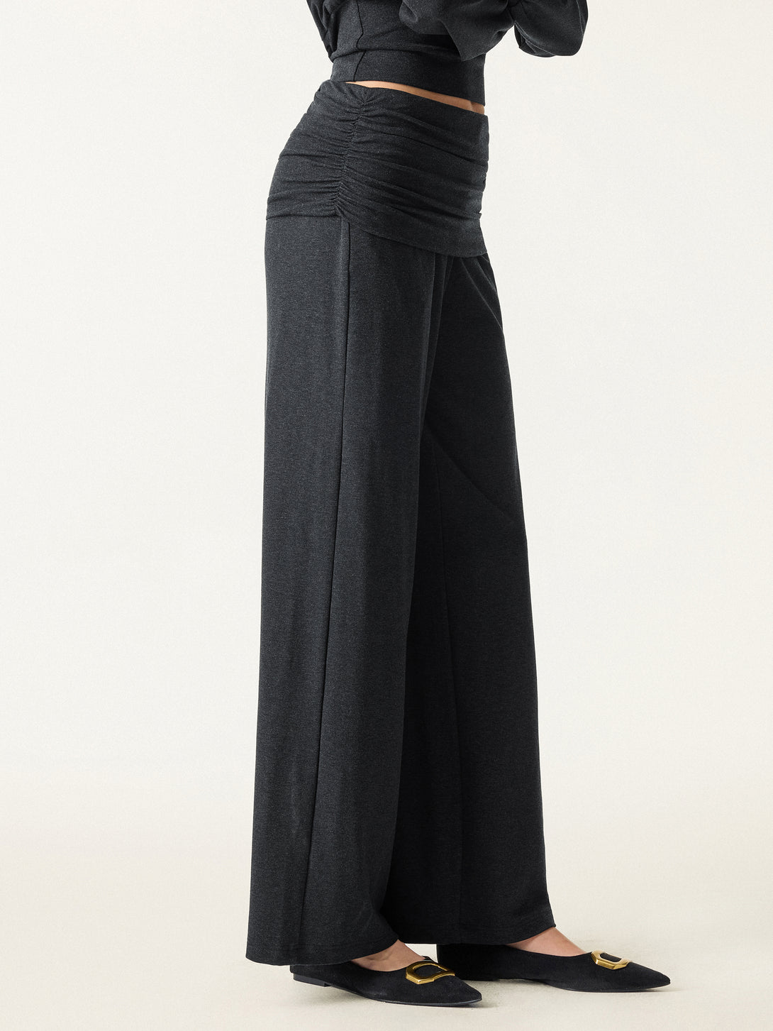 Non-Itchy Wool Blend Drapey Wide Leg Pull-on Pants with Pockets Heather Black XS