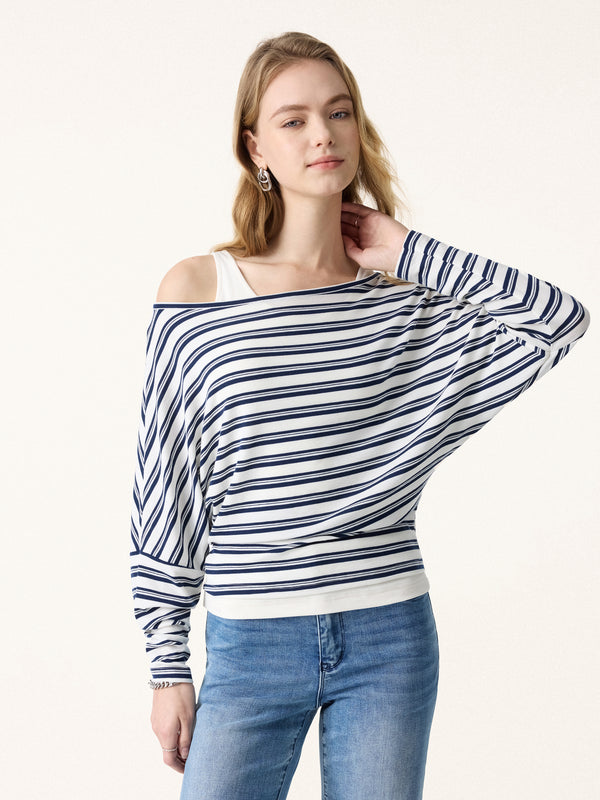 2Pcs Set U-Neck Brami Tank & Striped Boatneck Batwing Sleeves Top