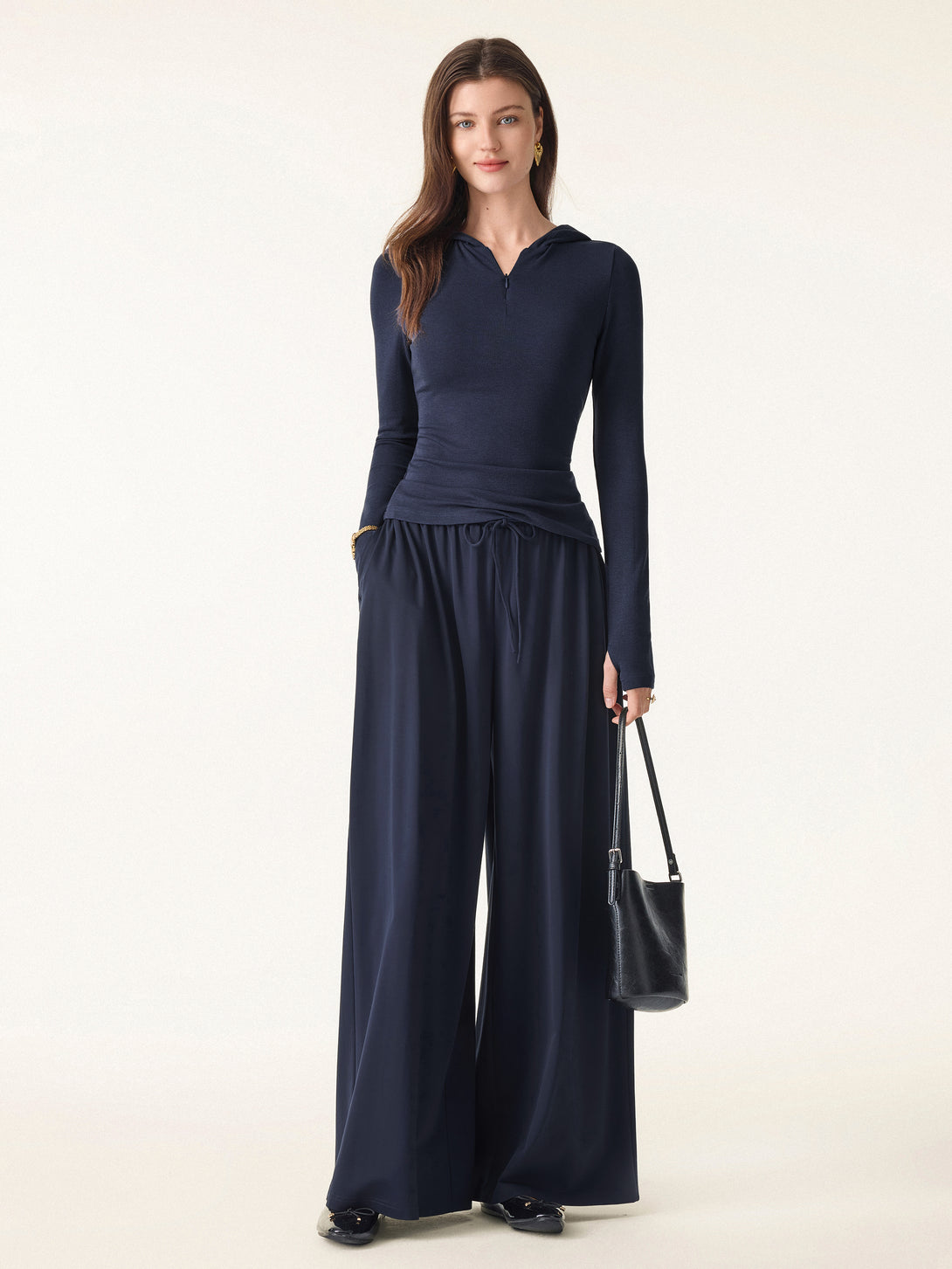 Stretch Ponte Mid Rise Palazzo Pants with Pockets