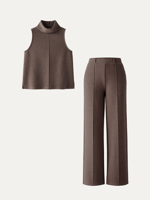 OGLmove 2Pcs Set Turtle Neck Split Hem Top & High Waisted Straigh Leg Pull On Pant
