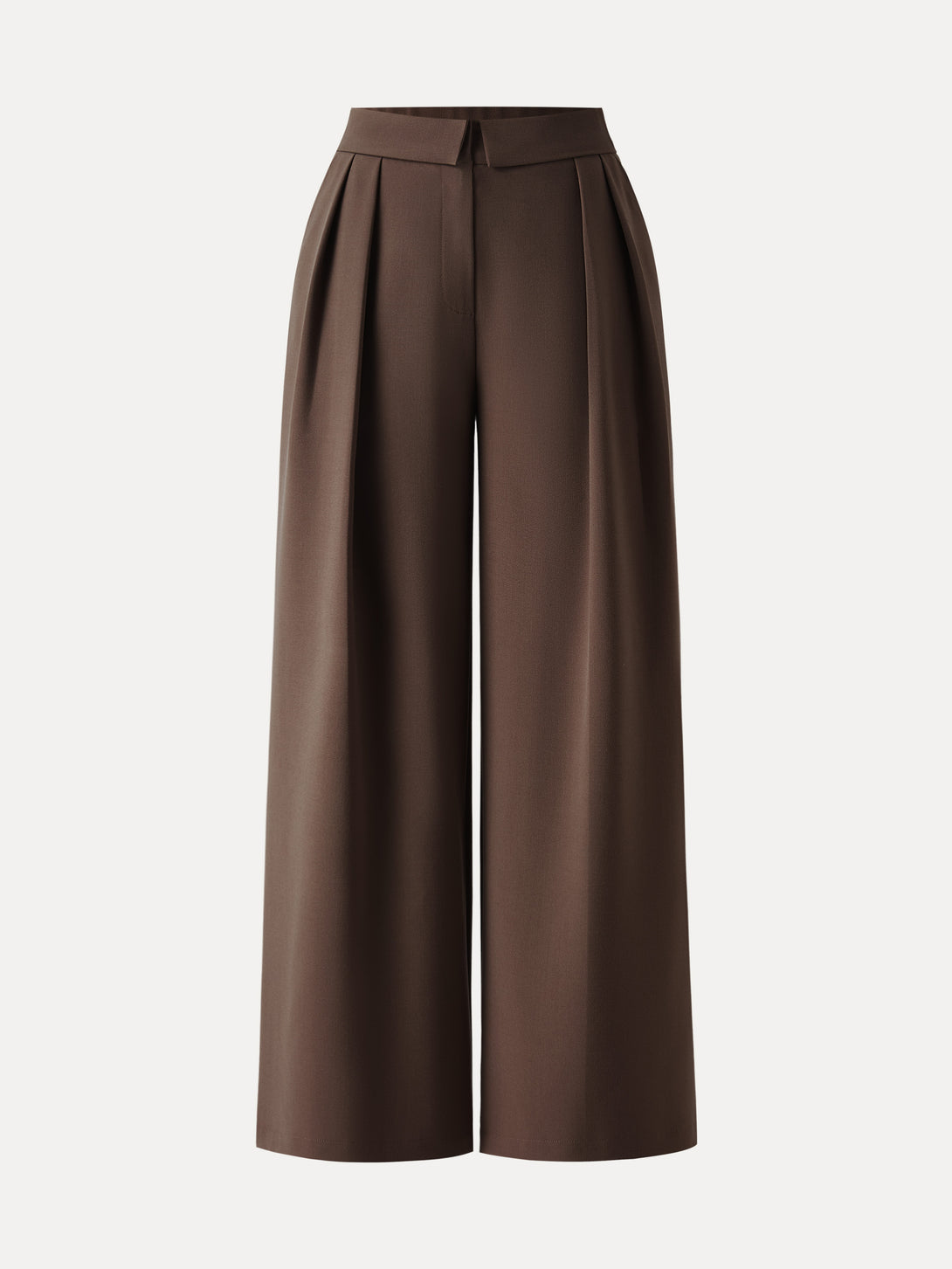 Fold-Over Pleated Midi Rise Wide Leg Trousers with Pockets Regular Espresso