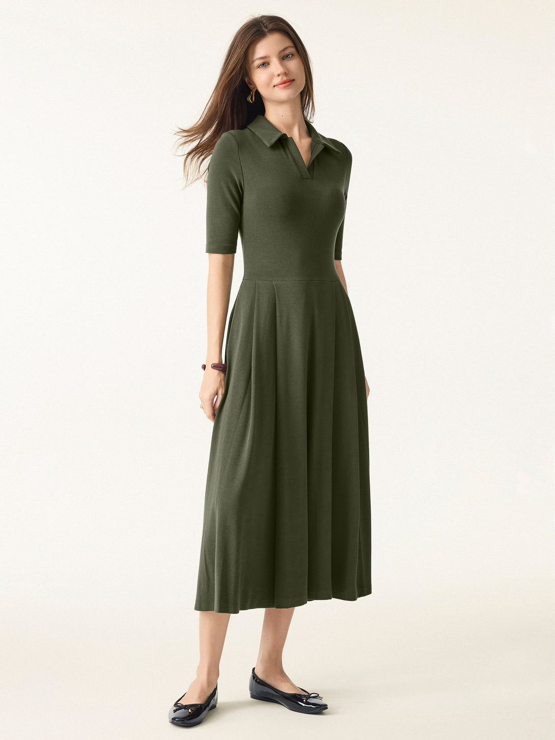 Polo Neck Elbow Length Sleeve Midi Brami Dress with Pockets
