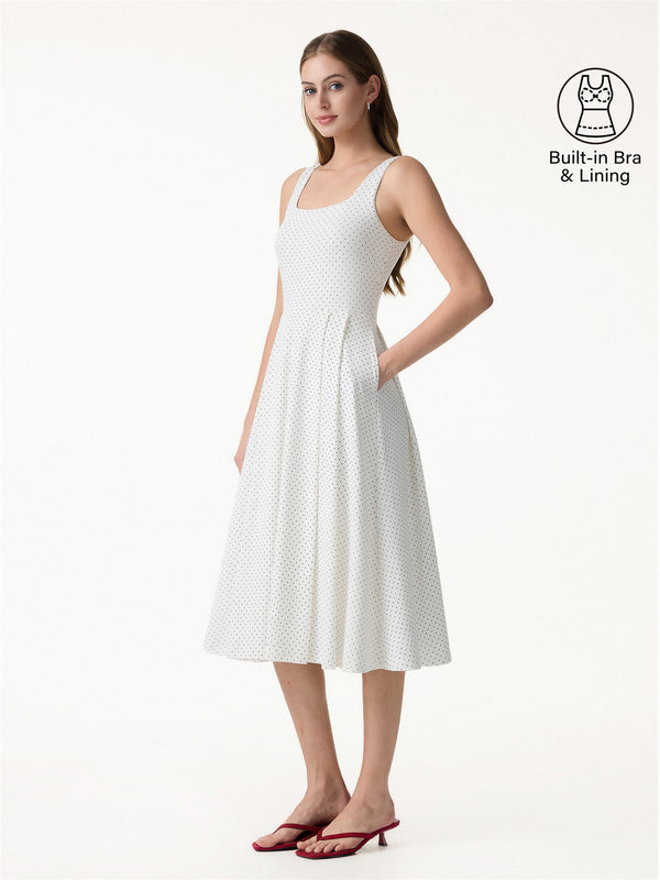 OGLmove Stretch Cotton Polka Dot Square Neck Midi Bra Dress with Pockets Limited Edition White/Black Polka Dot XS