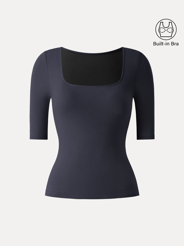 Essential Stretch Cotton Square Neck Elbow Length Sleeve Brami