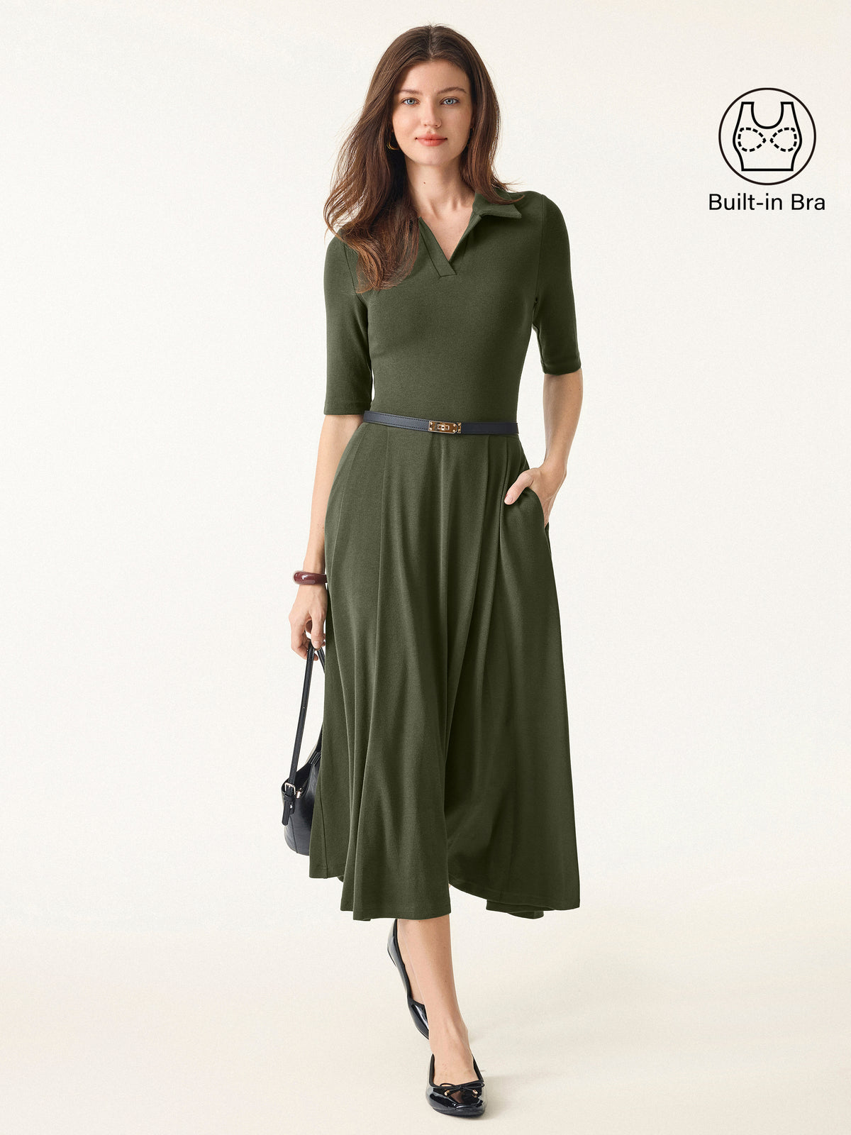 Polo Neck Elbow Length Sleeve Midi Bra Dress with Pockets
