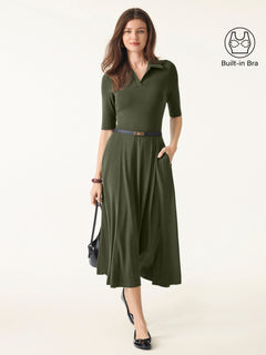 OGLmove LiteWarm Polo Neck Elbow Length Sleeve Midi Built-In Bra Dress 2.0 with Pockets Regular Deep Olive