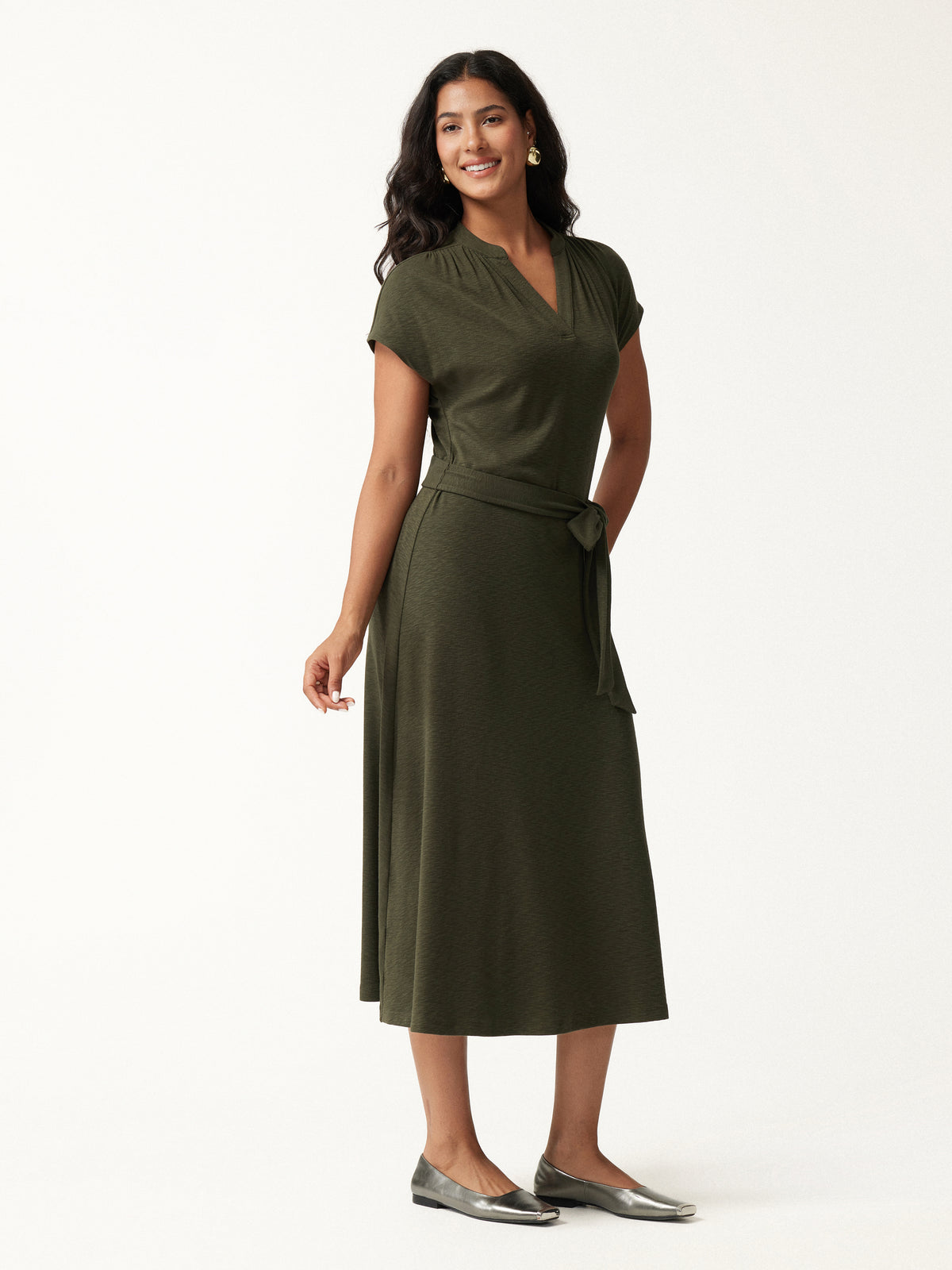 LiteWarm Neck Short Sleeve Belted Midi Dress