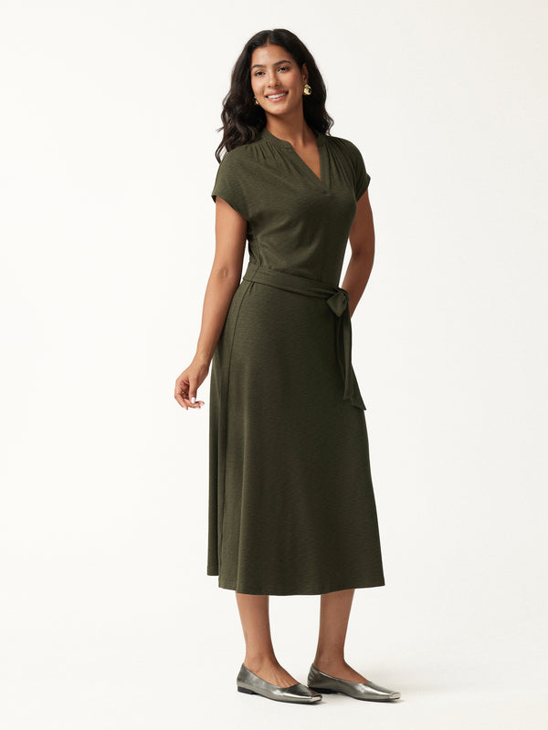 OGLmove V-Neck Short Sleeve Belted Midi Dress