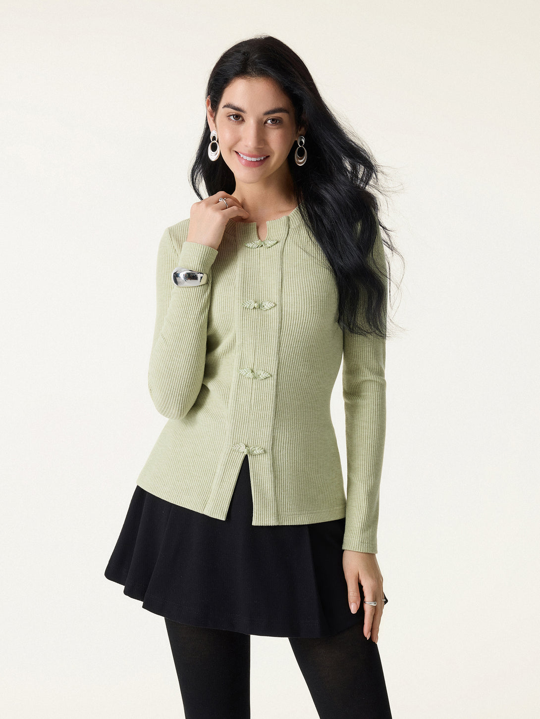 Ribbed Frog Button Round Neck Long Sleeve Top Lime Ash XS