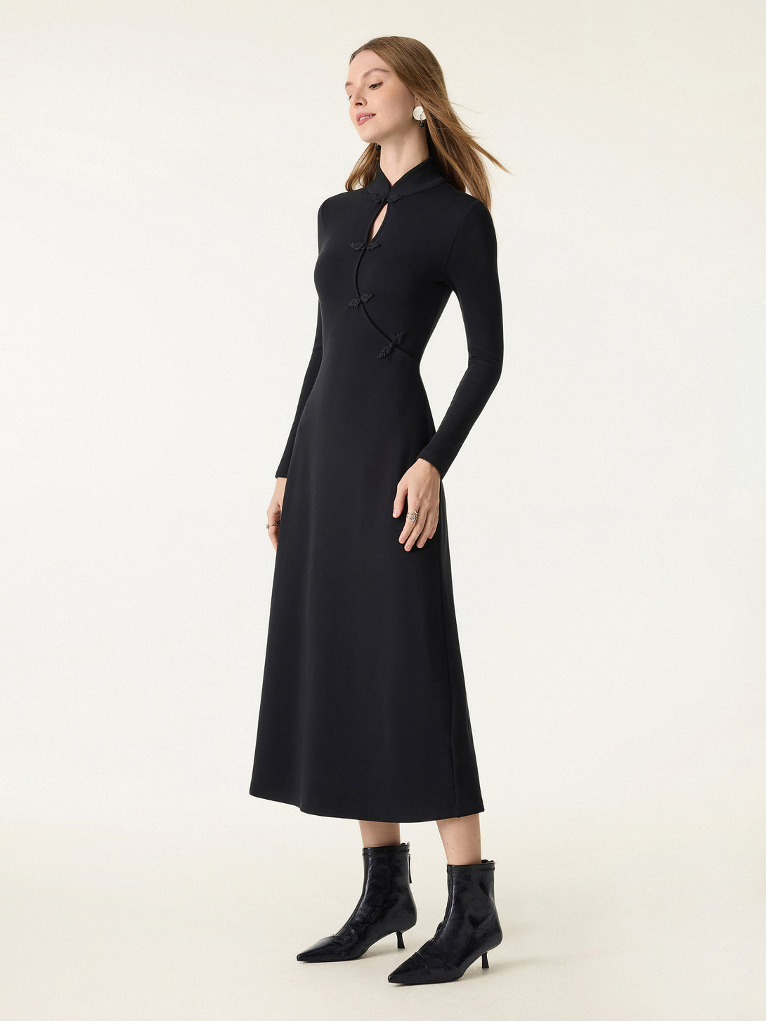 Standout Mandarin Collar Frog Button Midi Brami Dress