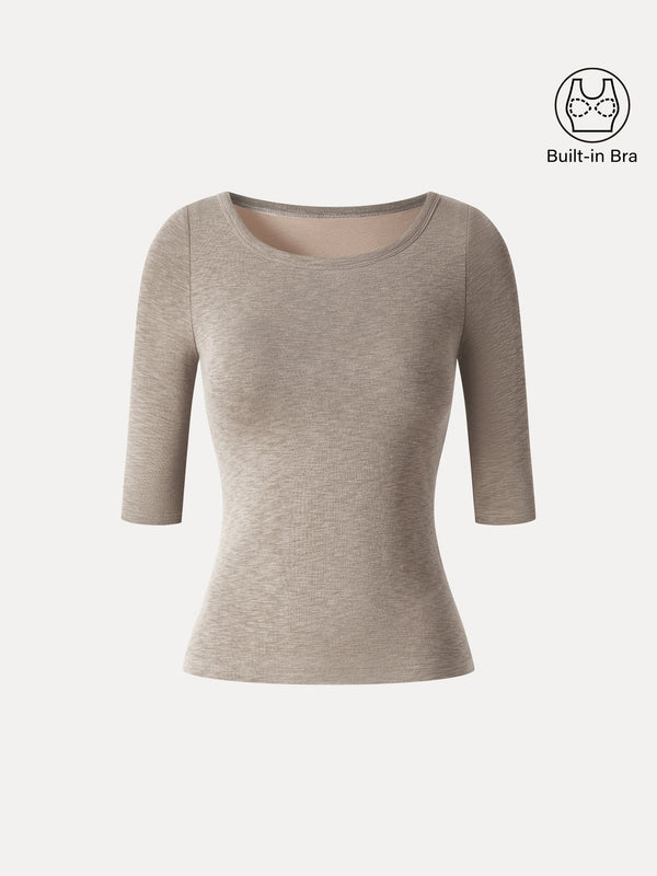 OGLmove LiteWarm Round Neck Elbow Sleeve Built-In Bra Top 2.0 Heather Dove XXS
